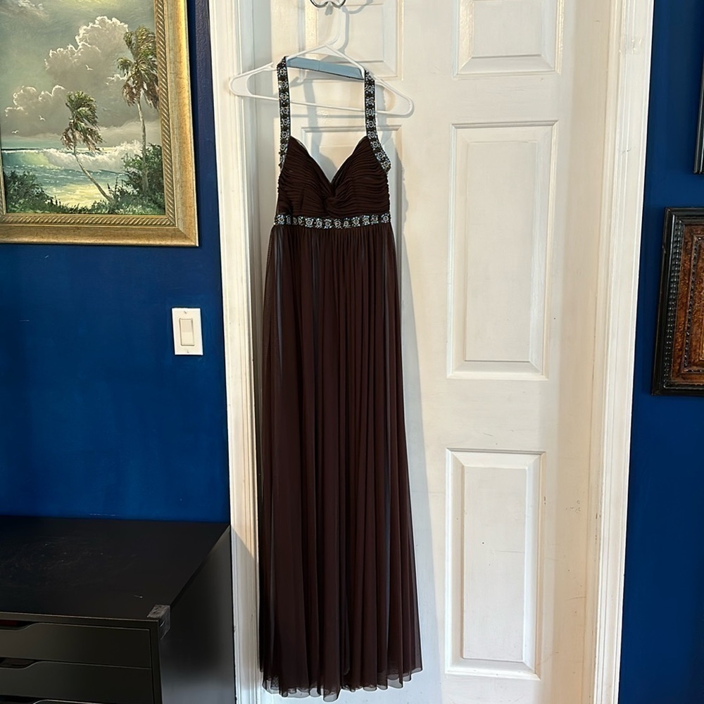 Women’s JS Boutique Brown Formal Dress Blue Underlay Beaded Straps Size 8